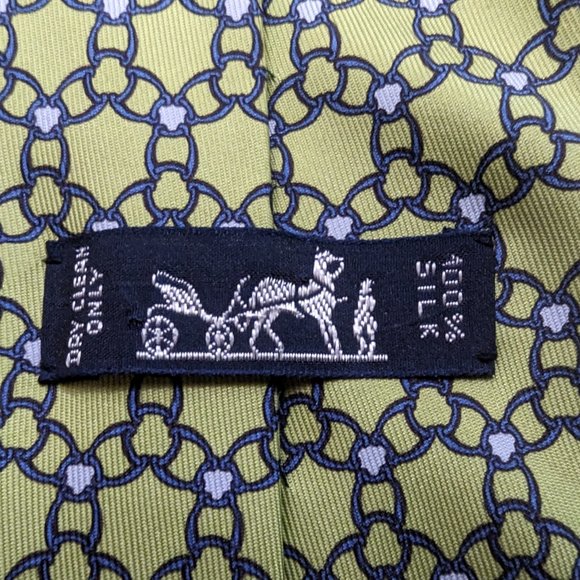 HERMÈS PARIS Equestrian Geometric Pattern Yellow Silk Tie 5339 TA - Picture 2 of 8